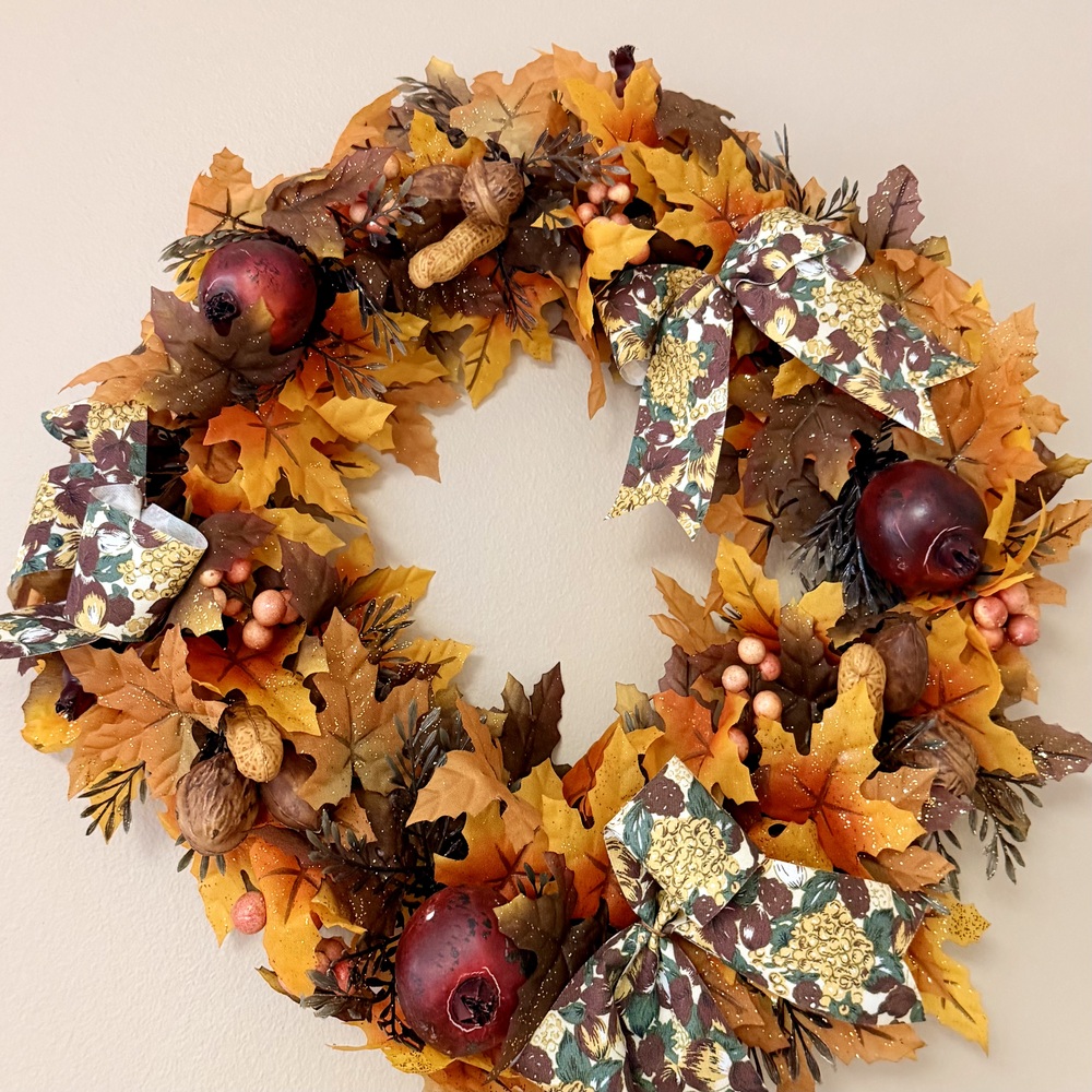 16" Artificial Fall Wreath Autumn Maple Leaves Pomegranates - FALL